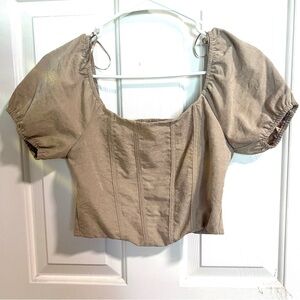 Tan Puff Sleeve Crop Top KIRIOUS LOS ANGELES